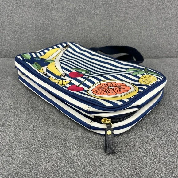 Tory Burch Cosmetic Bag Travel Toiletry Organizer Blue White Stripe Fruit Print - Picture 7 of 16